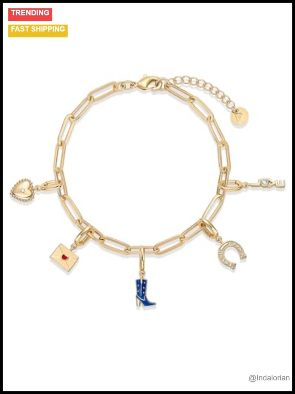 14K Gold Plated Charm Bracelet Removable Cowboy Boot Love Heart Horseshoe